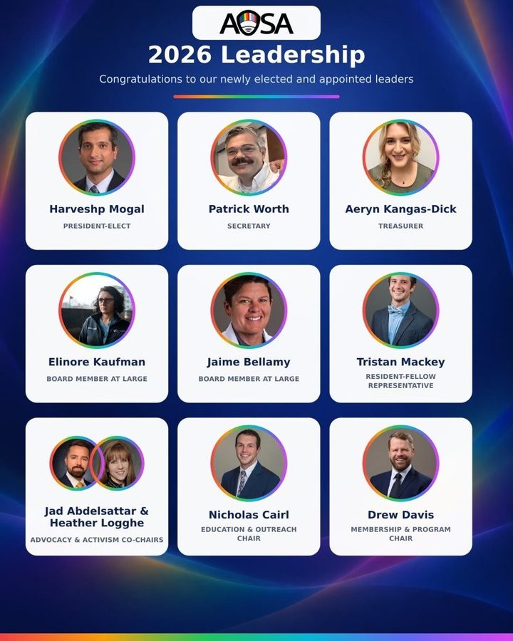 AOSA 2026 Leadership announcement graphic: nine newly elected and appointed leaders, including Jad Abdelsattar and Heather Logghe as Advocacy & Activism co-chairs