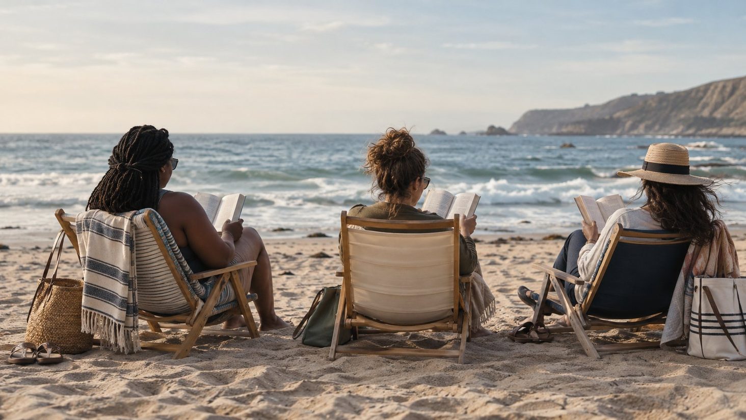 Three women reading in beach chairs facing the ocean