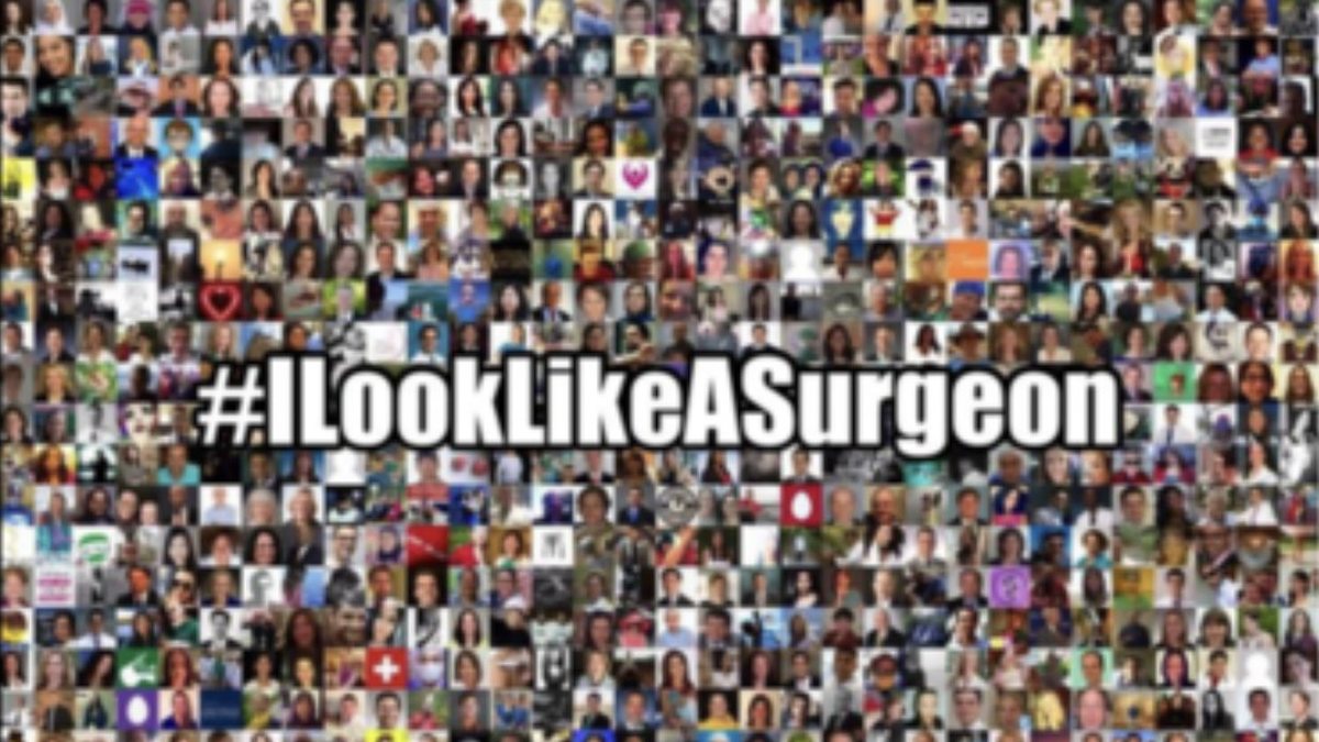 A mosaic of hundreds of small profile photos of surgeons of many ages and backgrounds, with the hashtag #ILookLikeASurgeon across the center