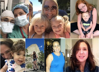 A collage of #ILookLikeASurgeon posts: surgeons with their children, in scrubs and out
