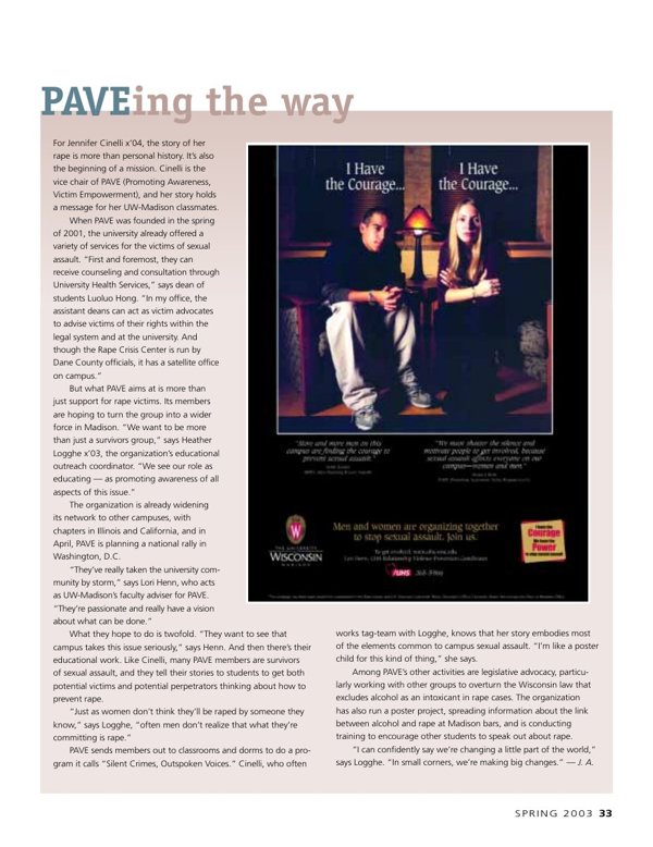 Page from On Wisconsin magazine, Spring 2003: the article &ldquo;PAVEing the Way,&rdquo; with a photograph of two students in front of a poster