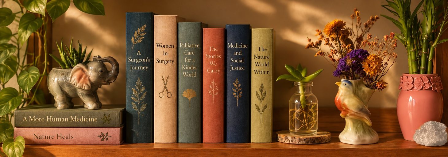 Books on a sunlit shelf beside plants, a ceramic elephant, a bird vase, and a pink pot