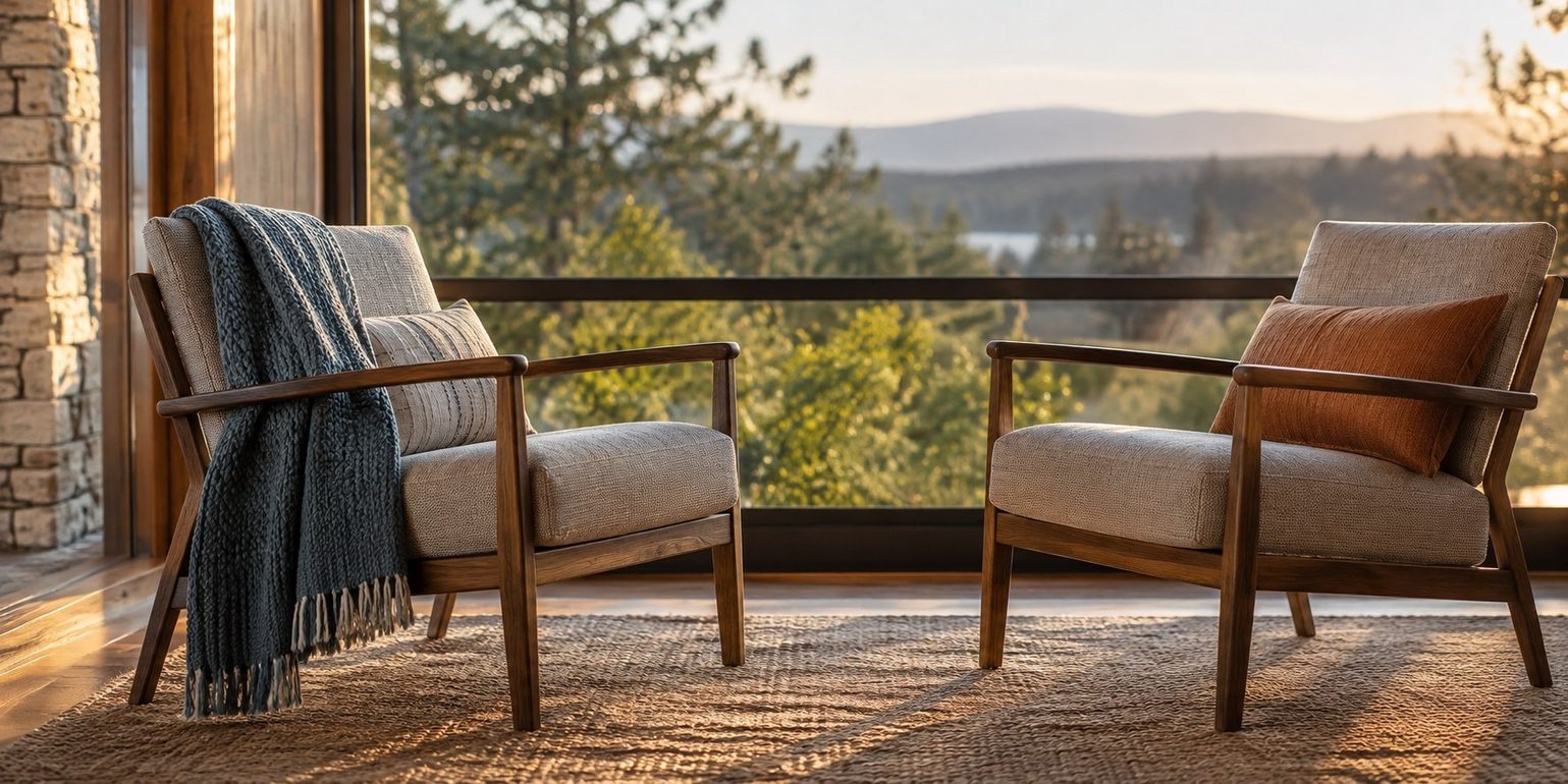 Two armchairs angled toward each other by a window overlooking trees and hills