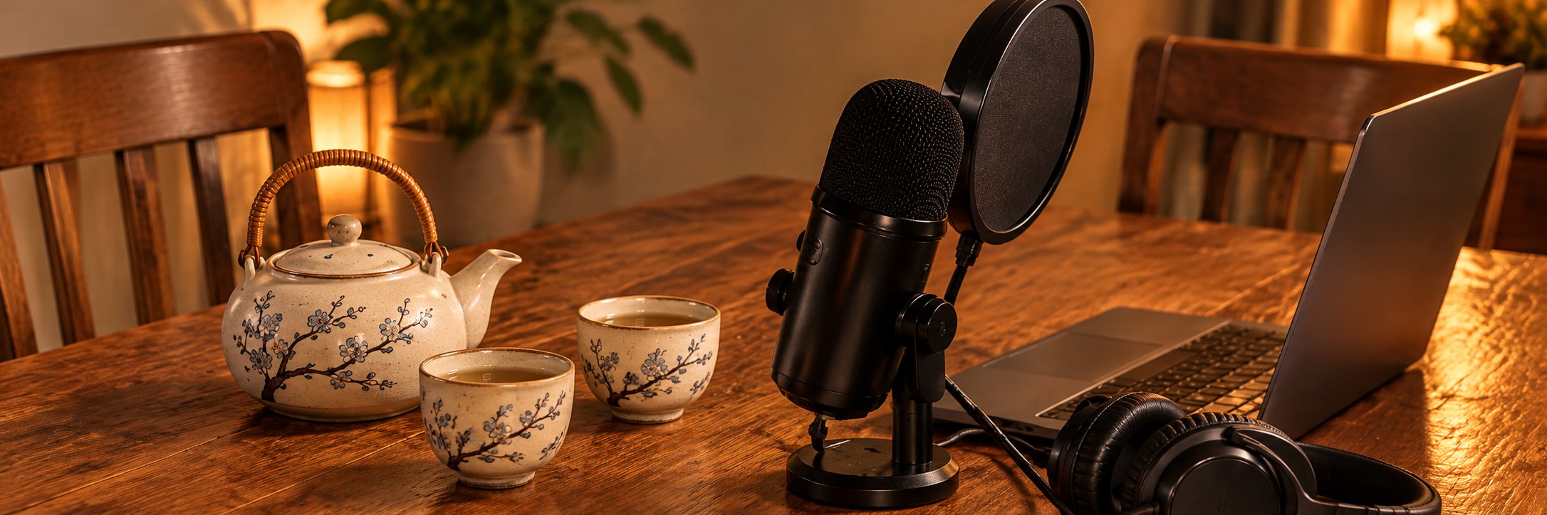 A microphone, headphones, and laptop beside a teapot and two cups on a wooden table