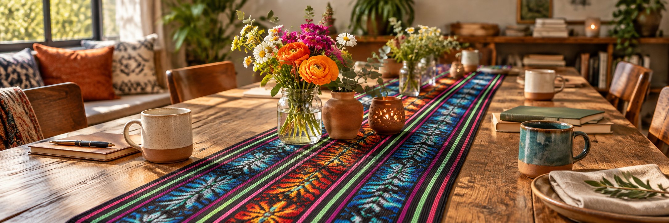 A long wooden table with a woven runner, wildflowers, and mugs set for a gathering