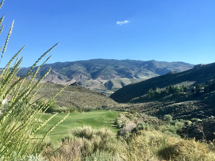 Sagebrush hills under a blue sky outside Reno