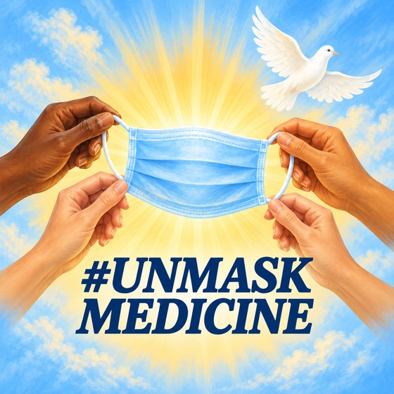 #UnmaskMedicine: four hands of different skin tones lifting a surgical mask toward the light, a white dove flying above