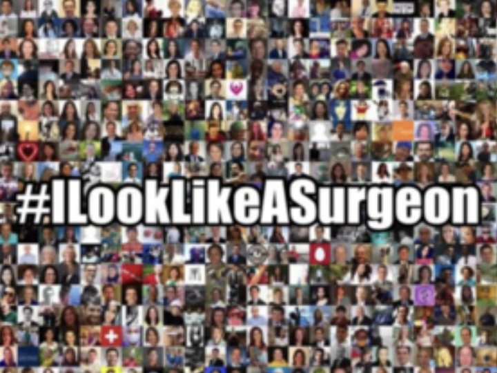 A mosaic of hundreds of surgeons’ profile photos with the hashtag #ILookLikeASurgeon across the center